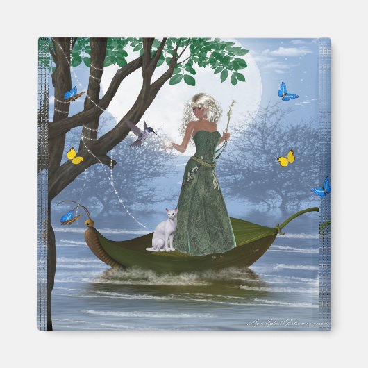 Elf mit White Cat Riding auf einem Leaf Magnet (Vorne)
