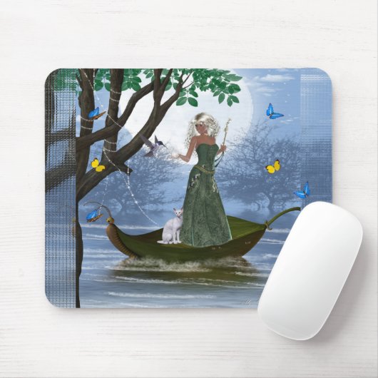 Elf mit White Cat Riding auf einem Leaf Mousepad (Mit Mouse)