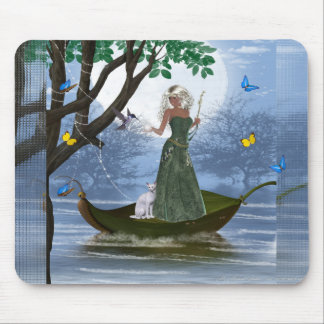 Elf mit White Cat Riding auf einem Leaf Mousepad