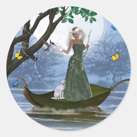 Elf mit White Cat Riding auf einem Leaf Stickers (Vorderseite)