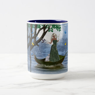 Elf mit White Cat Riding auf einer Leaf Kakao-Tass Zweifarbige Tasse