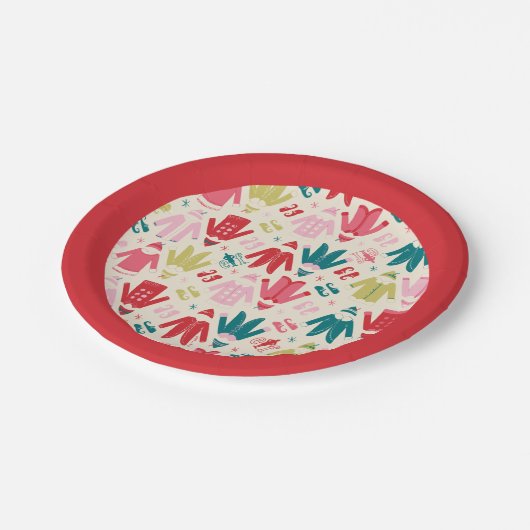 Elf-Muster für farbenfrohe Mäntel und Schuhe Pappteller (Schrägansicht)