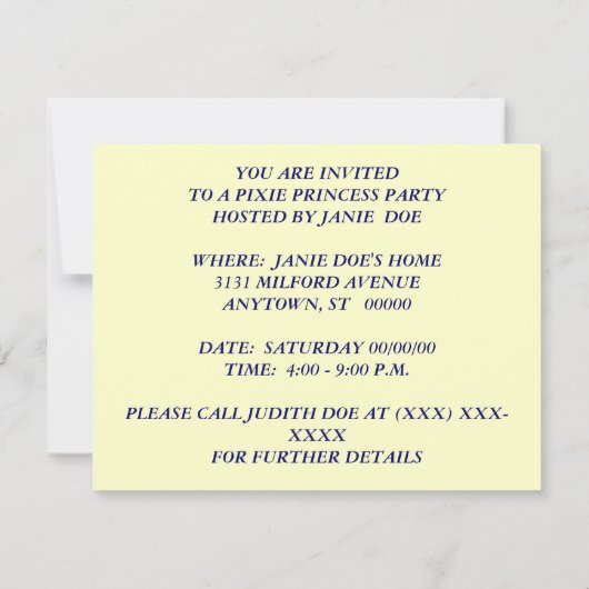 ELF-PRINZESSIN PARTY INVITE BUTTERFLY EZ FERTIGEN EINLADUNG (Rückseite)