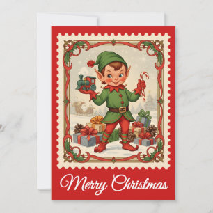 Elf   Retro Postage Briefmarke Weihnachtskarte Feiertagskarte