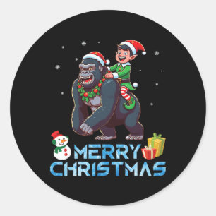 Elf Riding Gorilla Snowman Gerne Weihnachten Runder Aufkleber