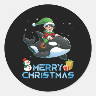 Elf Riding Orca Snowman Präsent Merry Christmas Da Runder Aufkleber