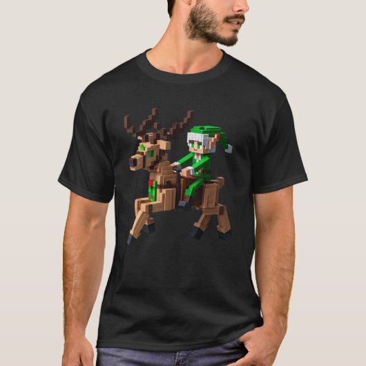 Elf Riding Reindeer Design Block Style Character P T-Shirt (Vorderseite)