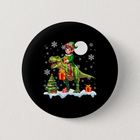 Elf Riding T-rex Weihnachtsbaum Farbenfrohe Lichte Button (Vorderseite)