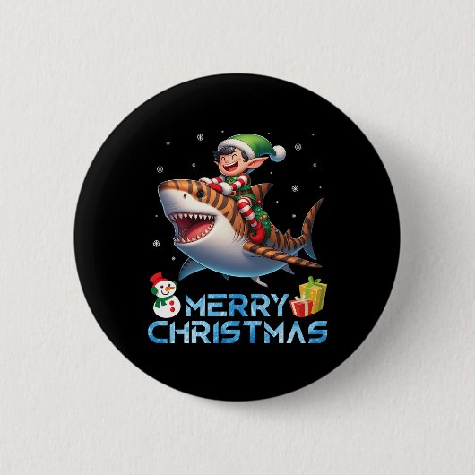 Elf Riding Tiger Shark Snowman Present Merry Chris Button (Vorderseite)