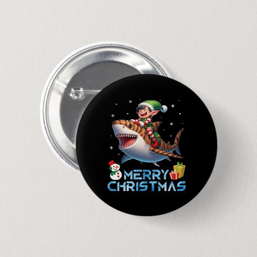 Elf Riding Tiger Shark Snowman Present Merry Chris Button (Vorne & Hinten)