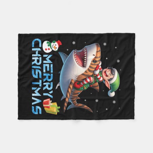 Elf Riding Tiger Shark Snowman Present Merry Chris Fleecedecke (Vorderseite (Horizontal))