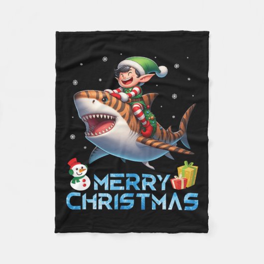 Elf Riding Tiger Shark Snowman Present Merry Chris Fleecedecke (Vorderseite)