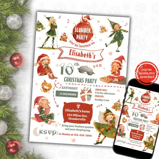Elf Slumber Party Geburtstag Einladung