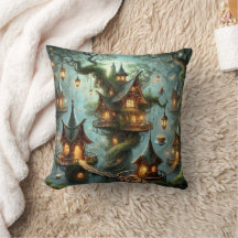 Elf Tea House Fantasy Village Home Throw Pillow