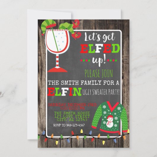 Elf Ugly Sweater Cocktail Weihnachtsfest Party lad Einladung (Vorderseite)