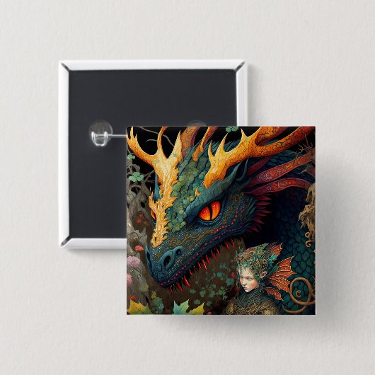 Elf und Dragon Fantasy Art Button (Vorne & Hinten)