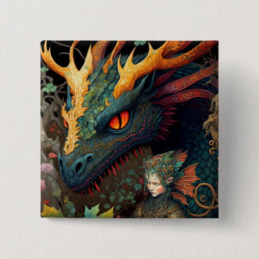 Elf und Dragon Fantasy Art Button (Vorderseite)