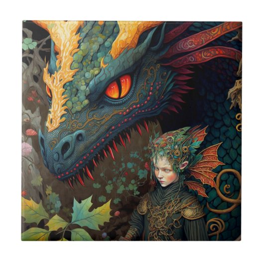 Elf und Dragon Fantasy Art Fliese (Vorderseite)