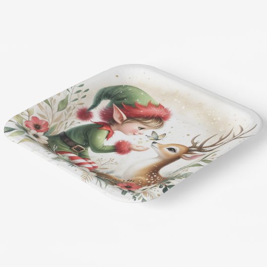 Elf und Rentier Pappteller (Gewinkelt)