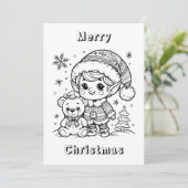 Elf und Teddy Bear Weihnachtsfarbe Me Karte (Stehend Vorderseite)