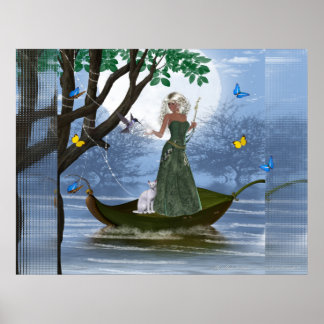 Elf und Weiße Katze reiten auf einem leaf poster P