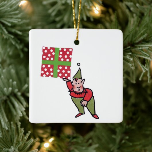 Elf With Polka Dot Gift square ceramic ornament (Baum)