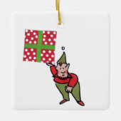 Elf With Polka Dot Gift square ceramic ornament (Vorderseite)