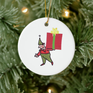 Elfe mit roter Box rundes keramisches Ornament