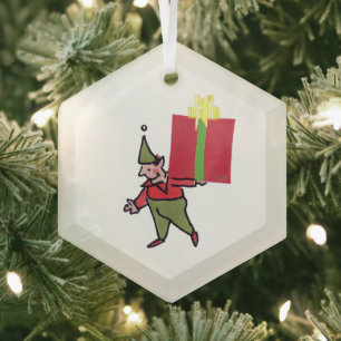 Elfe mit roter Box Sechseck-Glasornament Ornament Aus Glas