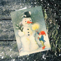 Elfe und Schneemann Vintage-Weihnachtskarte
