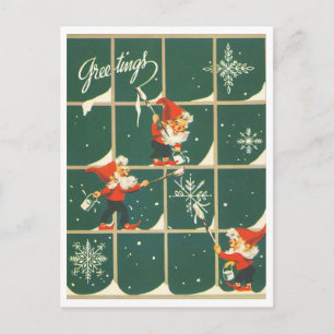 Elfen Weihnachtsfeiertage Dekoration Fenster Retro Postkarte