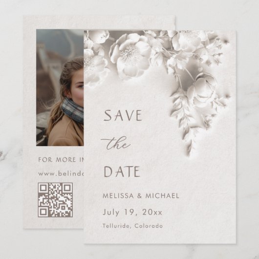Elfenbein 3D Blumen Hochzeit Save The Date (Vorne/Hinten)