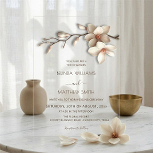 Elfenbein 3D Magnolienblüte Klare Hochzeit Acryleinladungen