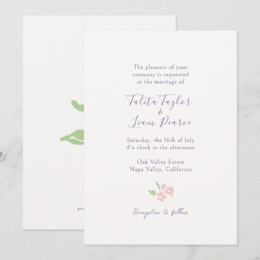 Elfenbein | Aquarell-Blumen-Script-Hochzeit Einladung (Vorne/Hinten)