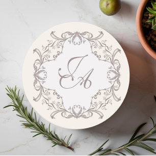 Elfenbein-Barock-Monogramm-Hochzeitsuntersetzer Runder Pappuntersetzer