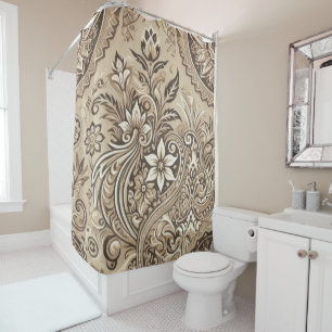Elfenbein Beige Blumen Boho Indonesien Batik Aquar Duschvorhang