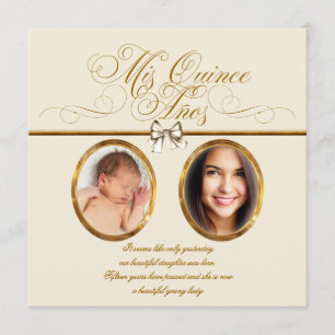 Elfenbein Beige Gold Foto Quinceanera Einladung