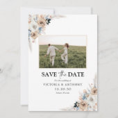 Elfenbein & Blue Boho Floral Save the Date mit Fot (Vorderseite)