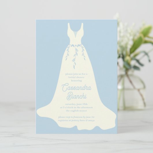 Elfenbein & Blue Wedding Dress Brautparty Einladung (Stehend Vorderseite)