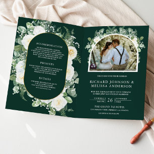 Elfenbein Blumen Foto Smaragdgrün QR-Code Hochzeit Einladung