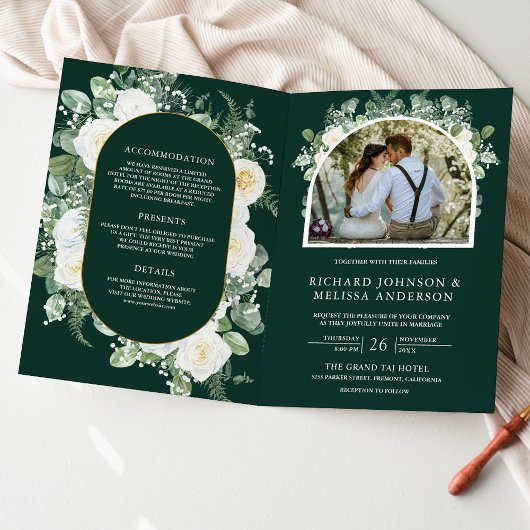 Elfenbein Blumen Foto Smaragdgrün QR-Code Hochzeit Einladung