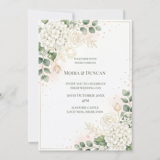 Elfenbein-Blumen-Grün-Hochzeit Einladung (Vorderseite)