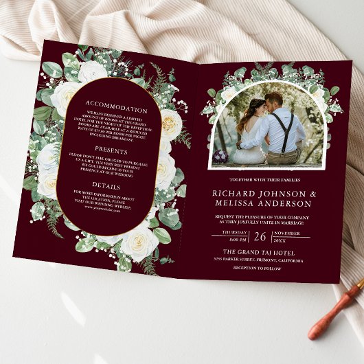 Elfenbein Blumen Hochzeit Burgunder QR Code Einladung