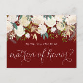 Elfenbein Blumenrot wird meine Ehrenmatrone sein Einladungspostkarte (Vorderseite)