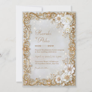 Elfenbein-Blüten-Gold-Filigran-Rahmen-Hochzeit Einladung