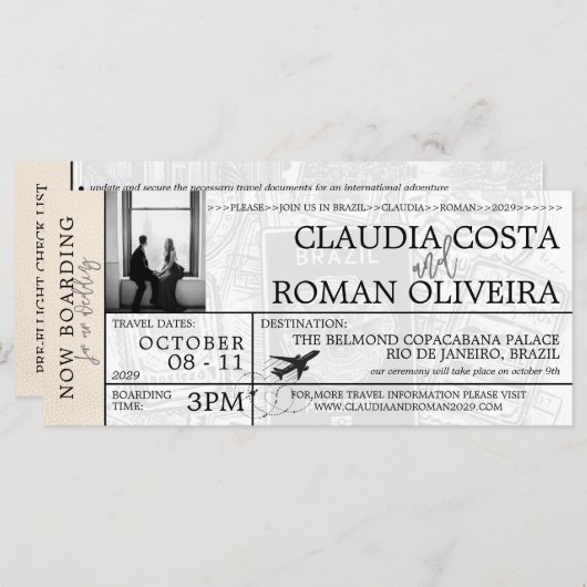 Elfenbein Brasilien Hochzeit Boarding Pass Einladu (Vorne/Hinten)