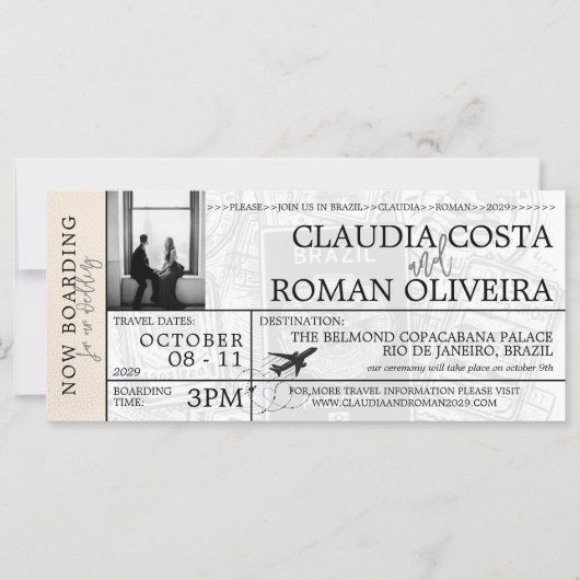 Elfenbein Brasilien Hochzeit Boarding Pass Einladu (Vorderseite)