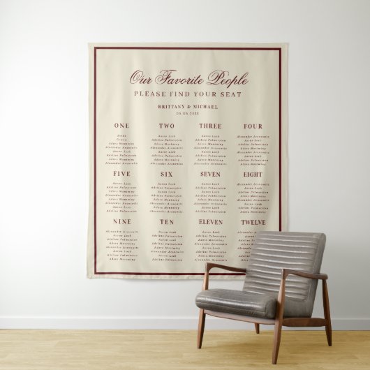 Elfenbein-Burgunder-Retro-Hochzeitssitzplan-Schild Wandteppich (Beispiel)