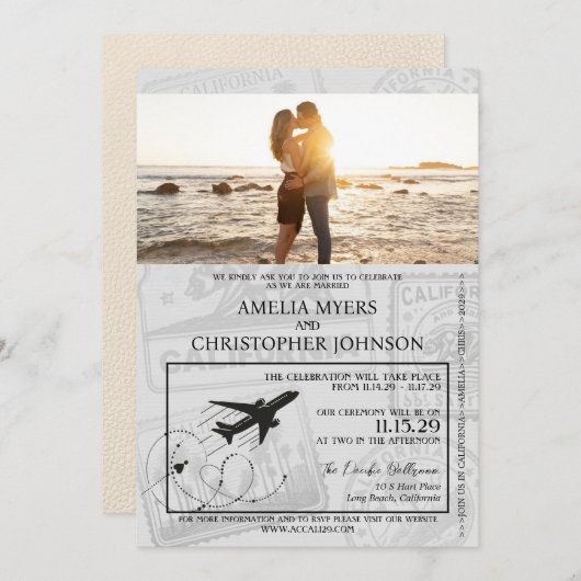Elfenbein California Passport Wedding Einladung (Vorne/Hinten)