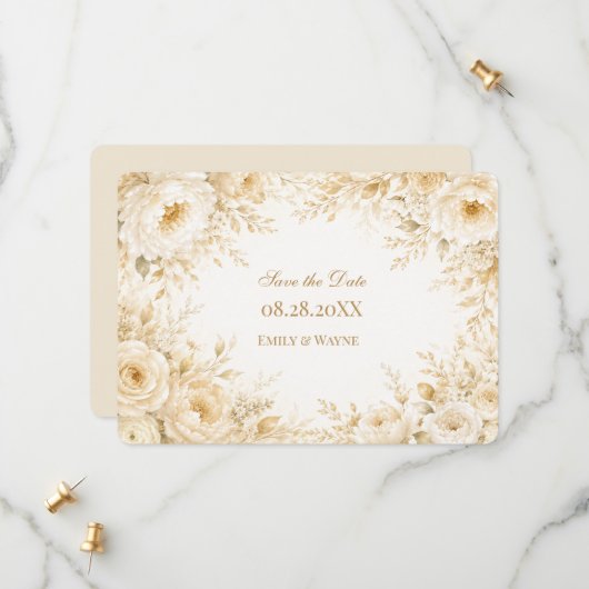 Elfenbein Champagner Perlen Blumen Hochzeit Save The Date (Vorderseite/Rückseite Beispiel)